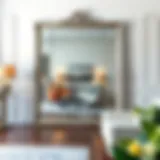 Elegant big silver floor mirror reflecting a well-designed living room