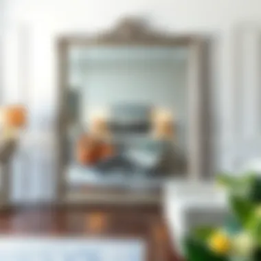 Elegant big silver floor mirror reflecting a well-designed living room