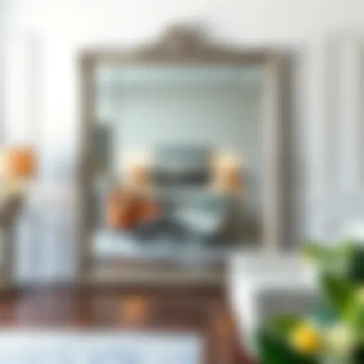 Elegant big silver floor mirror reflecting a well-designed living room