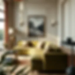 Elegant living room featuring an olive green couch