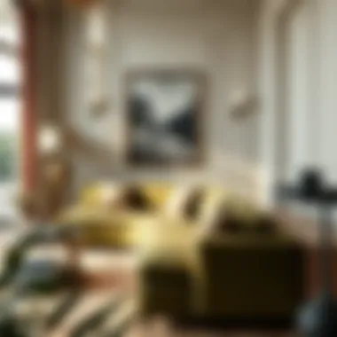 Elegant living room featuring an olive green couch