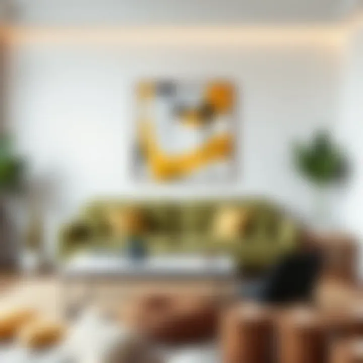 Modern decor showcasing an olive green couch paired with abstract art
