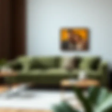 Stylish interior design showcasing olive green couch with decorative pillows