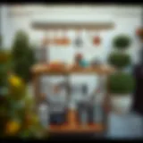 Elegant patio kitchen cart showcasing various cooking tools and utensils.