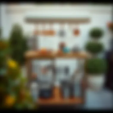 Elegant patio kitchen cart showcasing various cooking tools and utensils.