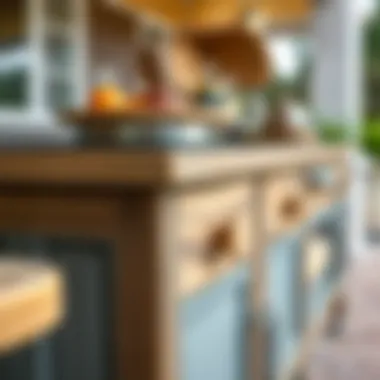Close-up of unique material finishes on a patio kitchen cart.