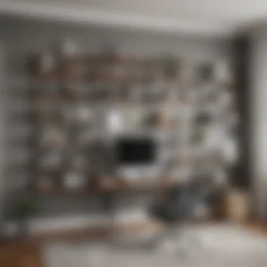 Home Office with Stackable Wall Shelves An elegant home office featuring stackable wall shelves that enhance workspace organization.