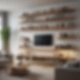 A modern living room showcasing stackable wall shelves filled with books and decorative items.