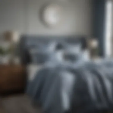 Elegant Modern Bedroom with Blue Grey Coverlet Elegant modern bedroom featuring a blue grey coverlet