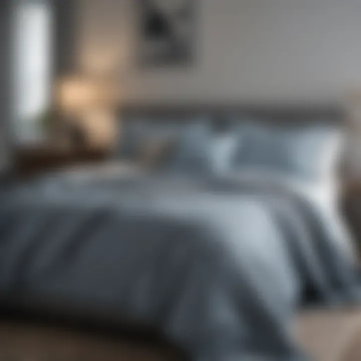 Blue grey coverlet paired with bright throw pillows