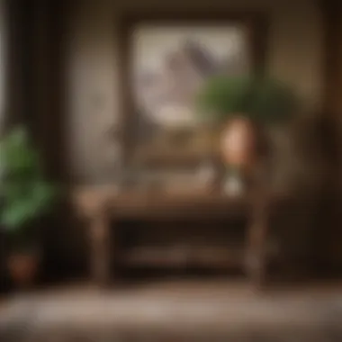 Rustic Elegance: A Wooden Entryway Table A beautifully crafted wooden entryway table showcasing intricate carvings and a rustic finish.