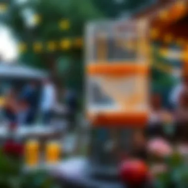 A large juice dispenser at an outdoor gathering with a festive atmosphere