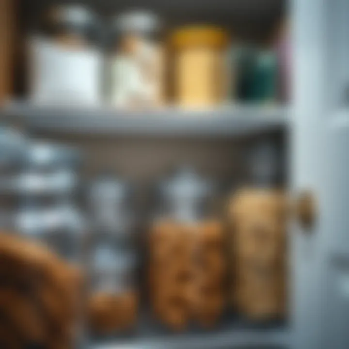 Close-up of a well-organized pantry with clear jars
