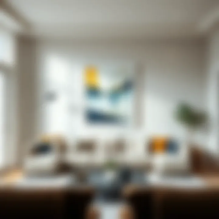 A stunning living room showcasing a 12 x 24 white frame with an abstract artwork