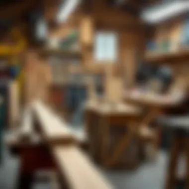 A well-organized workshop with various tools for working with 2x4 oak lumber