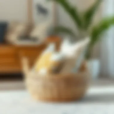 Elegant woven basket filled with decorative cushions