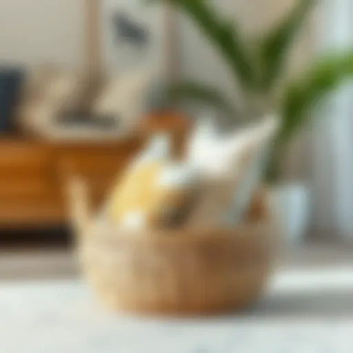 Elegant woven basket filled with decorative cushions