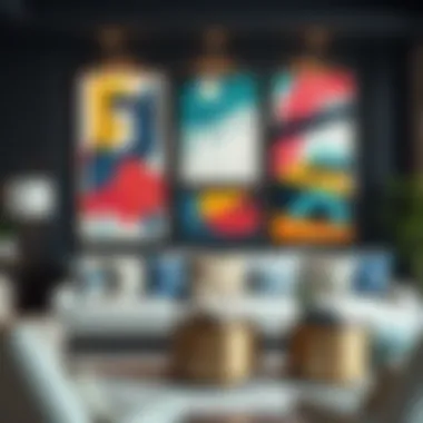 Abstract Art Display A vibrant and dynamic display of abstract art in a modern living space