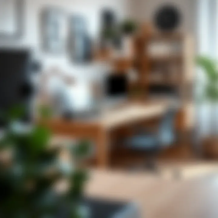 Organized Efficiency: Light Wood L-Shaped Desk Close-up of light wood L-shaped desk with organized workspace