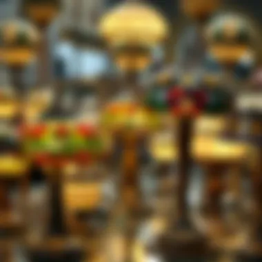 A comparative display of authentic and replica Tiffany lamps