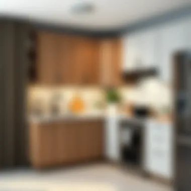 Variety of materials used in corner cabinet construction