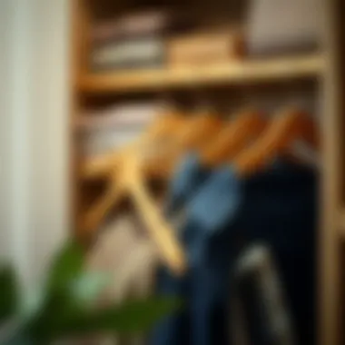 Stylish closet organized with wooden hangers