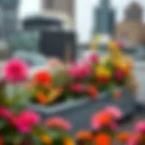 A beautifully arranged rooftop planter box filled with vibrant flowers and greenery