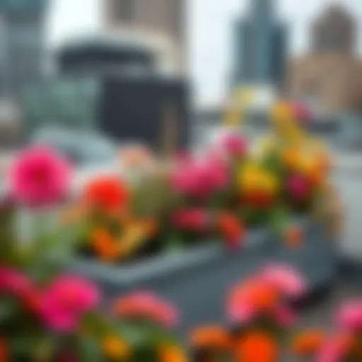 A beautifully arranged rooftop planter box filled with vibrant flowers and greenery