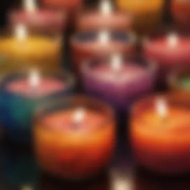 Close-up of tealight candles with vibrant colors and textures, showcasing their unique designs