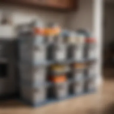 Neat Organization with Stackable Bins A collection of neatly stacked plastic storage bins with lids in a modern home setting