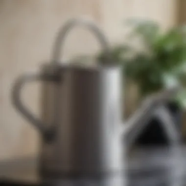 Close-up of a stainless steel watering can showcasing durability