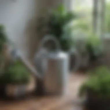 Beautiful indoor garden with a stainless steel watering can in use