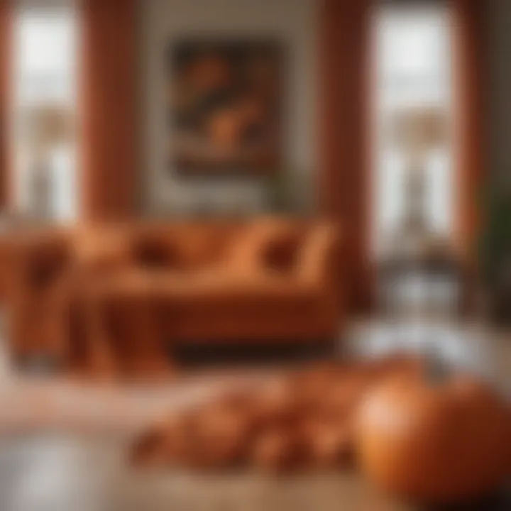 Stylishly arranged living room with pumpkin colored comforter enhancing the decor