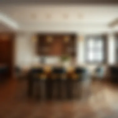 Group of swivel bar stools arranged around a stylish bar counter