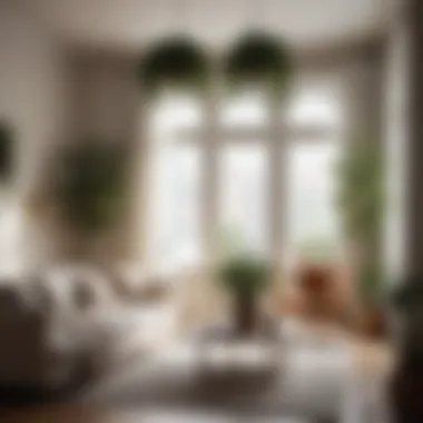 Elegant Living Room with Hanging Plants Elegantly styled living room featuring artificial hanging plants in decorative pots