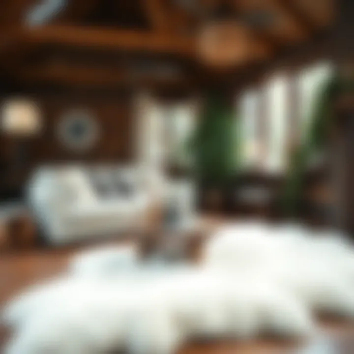 Rustic cabin adorned with a cozy white fur rug