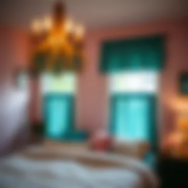 Cozy Bedroom with Teal Window Treatment Cozy bedroom adorned with teal valances and ambient lighting