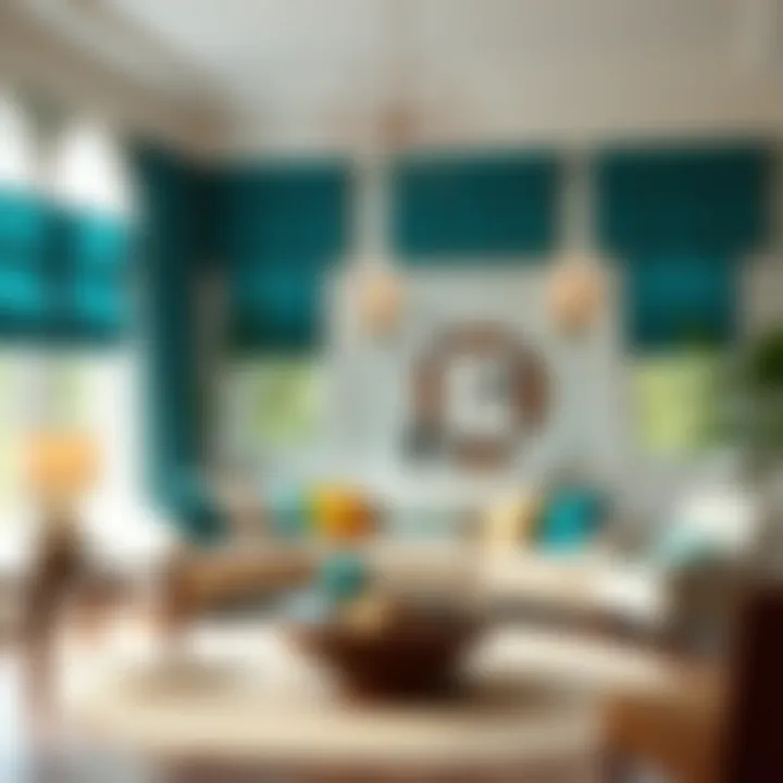 Stylish Living Room with Teal Accents Stylish living room featuring teal valances with decorative cushions