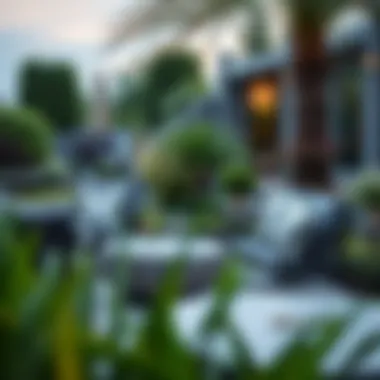 Stylish Outdoor Seating Arrangement Elegant patio set with cushions in a landscaped garden