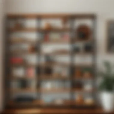 A modern minimalist shelf filled with a variety of books and decorative items.