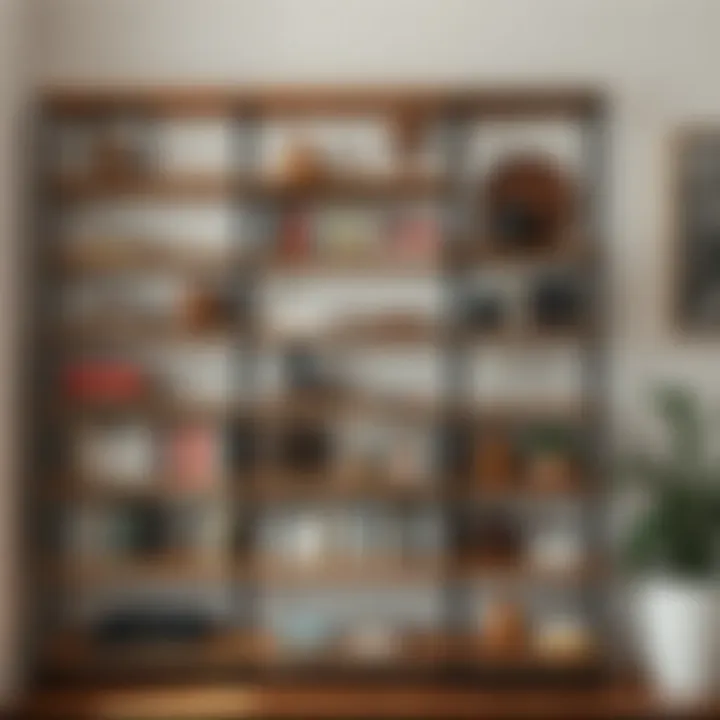 A modern minimalist shelf filled with a variety of books and decorative items.