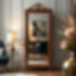 Elegant small armoire with integrated mirror reflecting a stylish room