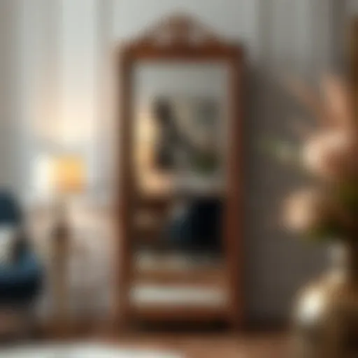 Elegant small armoire with integrated mirror reflecting a stylish room