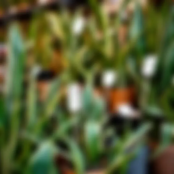 Market display of snake plants with price tags indicating regional variances