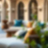 Elegant outdoor seating area adorned with brown and blue pillows