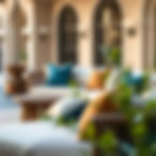 Elegant outdoor seating area adorned with brown and blue pillows