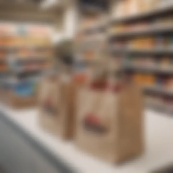 A retail setting showcasing reusable bags at the checkout.