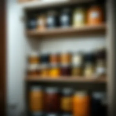 A beautifully organized canning cabinet filled with jars and preserves