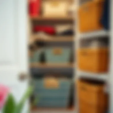 Organized closet with colorful washable baskets