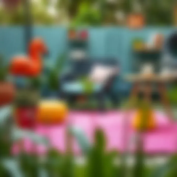 Colorful garden setup with pink plastic rug